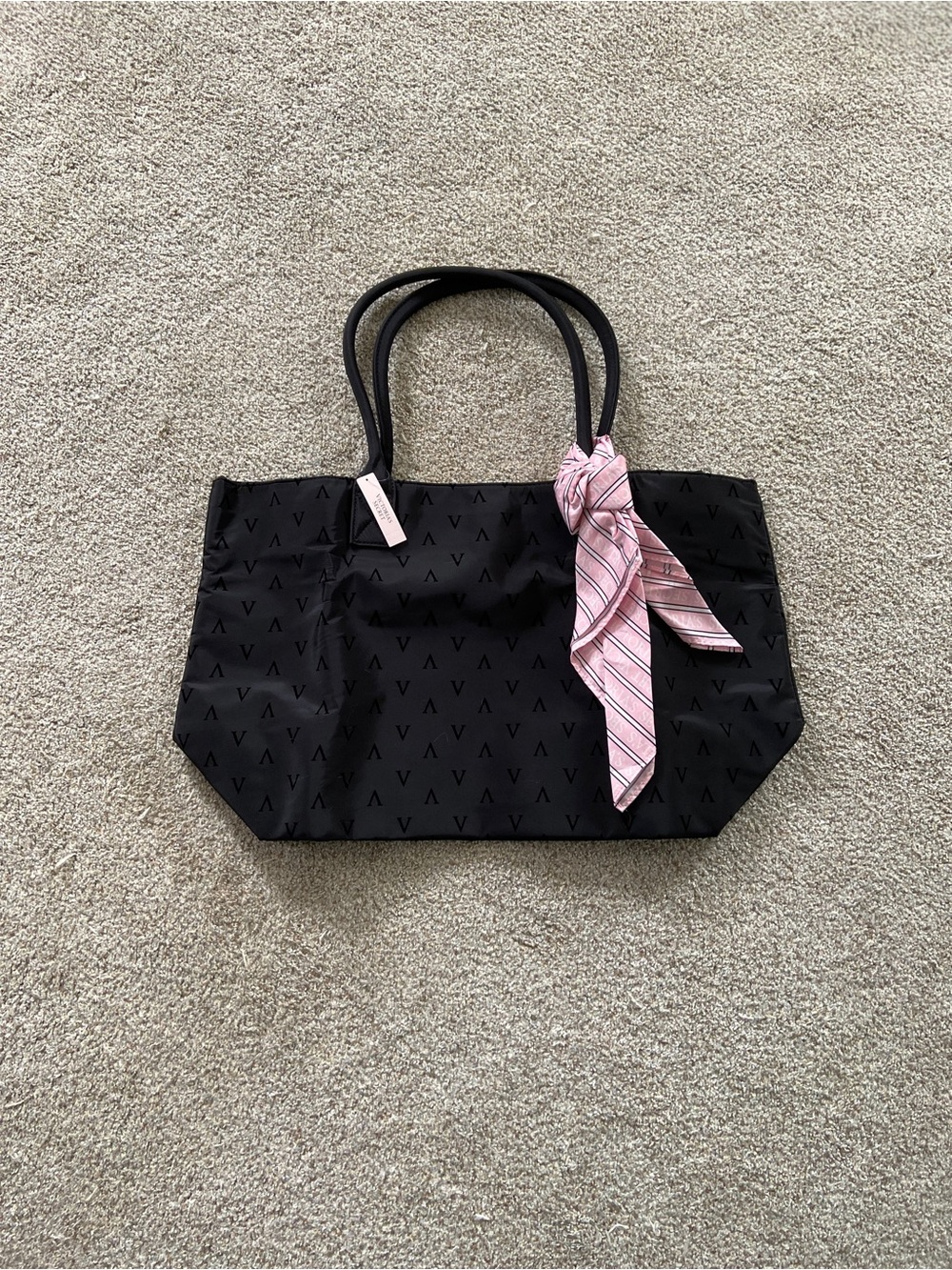 NWT Victoria’s Secret Black Monogram Tote Bag with Pink Striped Scarf Bow